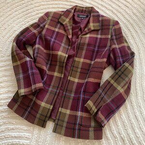 VNTG Kasper Plum purple and green plaid preppy open front office blazer
